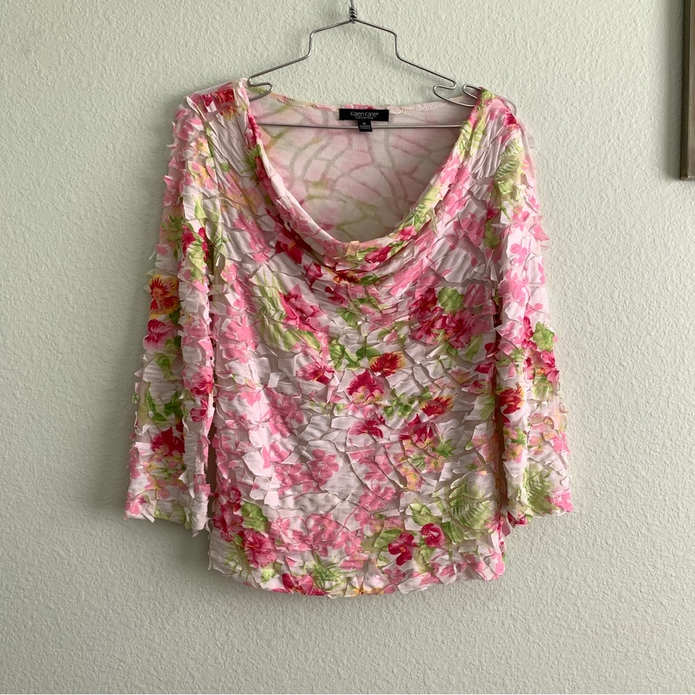 KAREN KANE Y2K textural spring blouse size XL vintage floral top - Picture 2 of 7